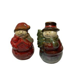 Snowman Pottery Salt And Pepper Shakers Red Brown Green Holiday Decorations